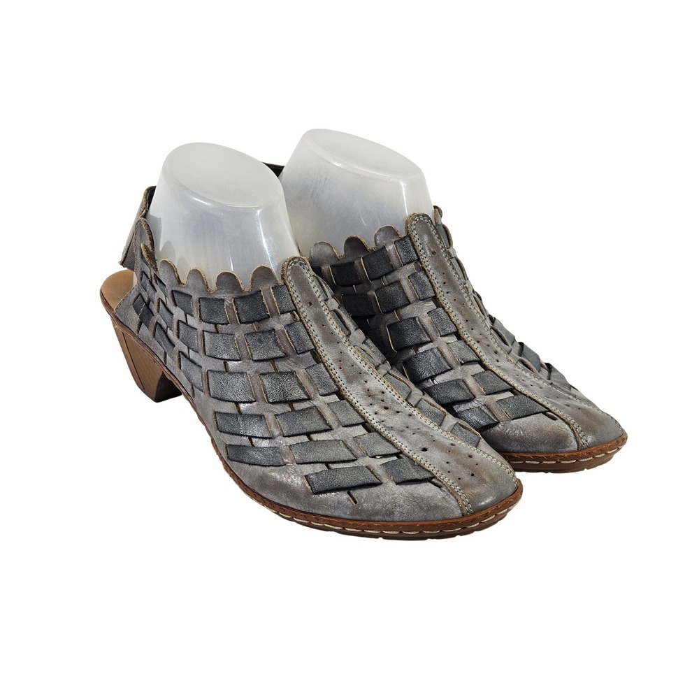 Rieker Antistress‎ Grey Woven Leather Slingback Scalloped Heels 40 8852505154